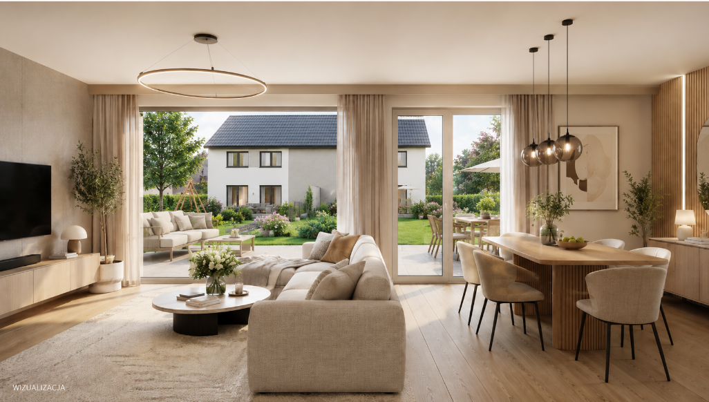 Salon z wyjściem na taras w domu 132 m² - Kameralny Zajączków